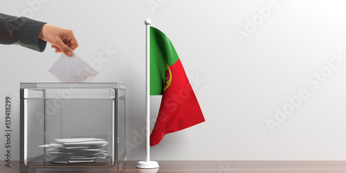 Ballot box and a small Portugal flag. 3d illustration