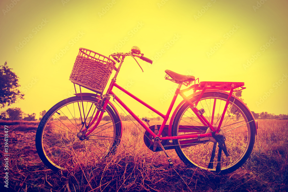 beautiful landscape image with Bicycle  at sunset