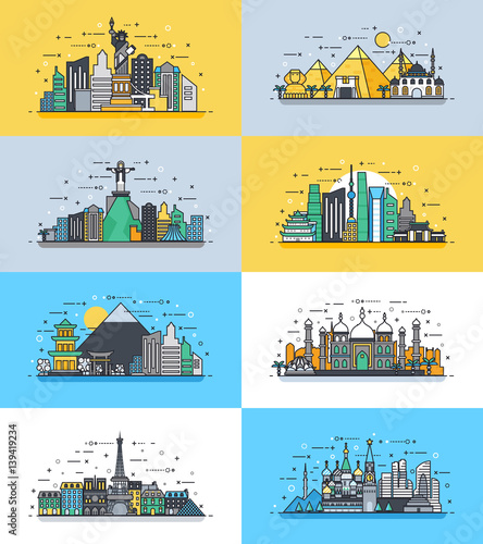 Brazil Russian France, Japan, India, Egypt China USA architecture buildings town city country travel icon linear style