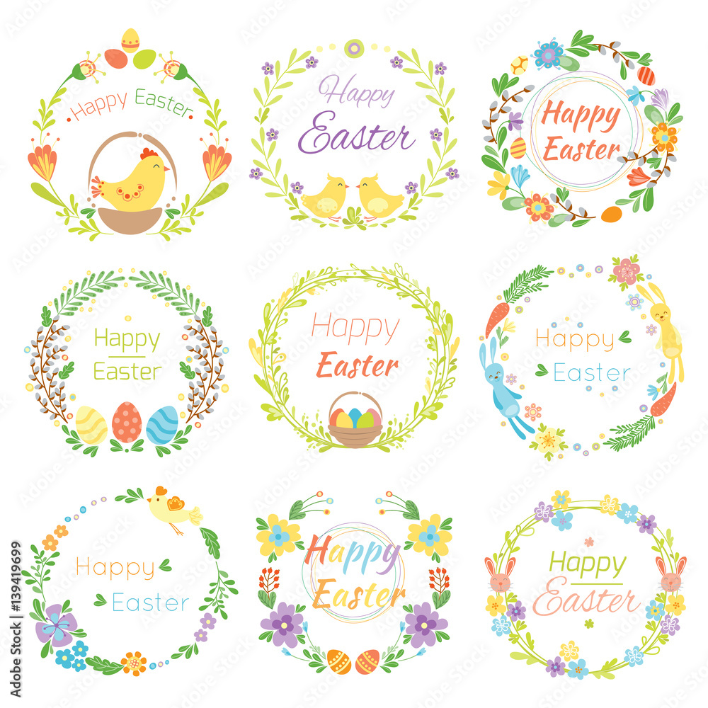 Happy easter hand drawn badge with hand lettering greeting decoration element and natural wreath handmade style vintage symbol spring flower vector illustration.