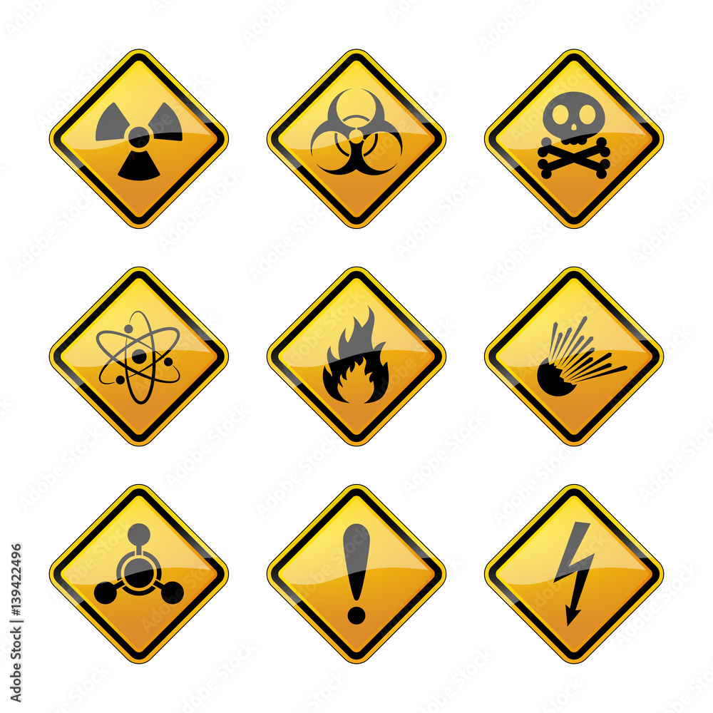 Set of warning hazard signs. Vector illustration. Set of warning hazard signs. Vector illustration.
