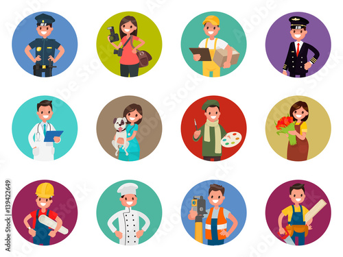 Set of avatars characters of different professions:  policeman, photographer, courier, pilot, doctor and others. Vector illustration in a flat style