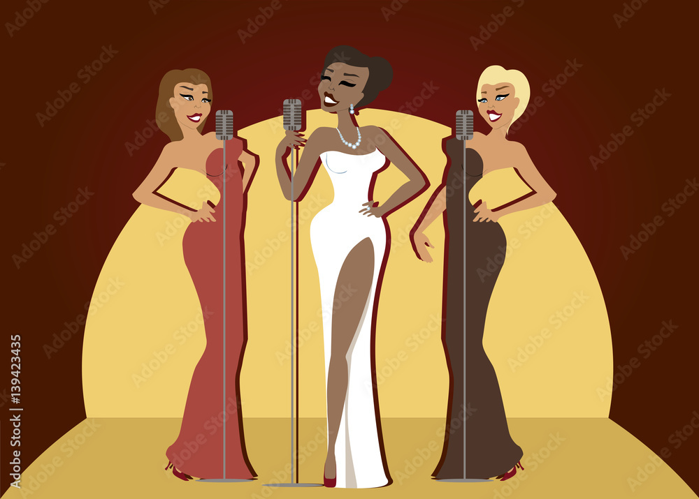 Three young sexy beautiful woman singing and dancing at a party or in a bar. Karaoke party. Female musicians with microphones. Professional singers and dancers. Three young sexy beautiful woman singing and dancing at a party or in a bar. Karaoke party. Female musicians with microphones. Professional singers and dancers.