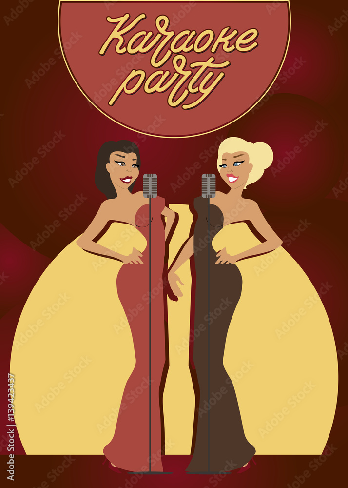 Two young sexy beautiful woman singing and dancing at a party or in a bar. Karaoke party. Female musicians with microphones. Professional singers and dancers. 