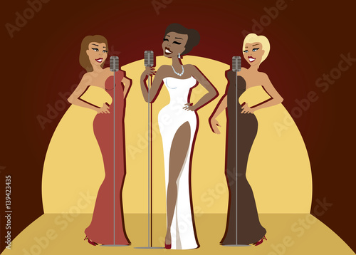 Three young sexy beautiful woman singing and dancing at a party or in a bar. Karaoke party. Female musicians with microphones. Professional singers and dancers. 