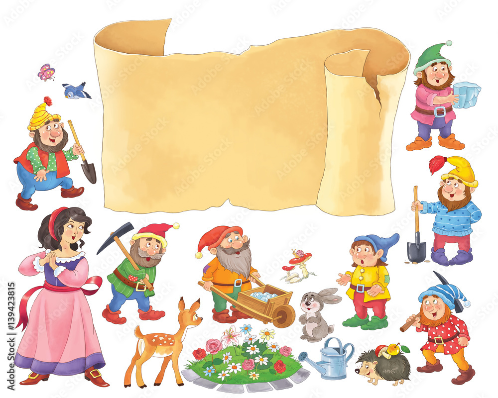 Fototapeta premium Snow White and the seven dwarfs. Fairy tale. Illustration for children. Poster