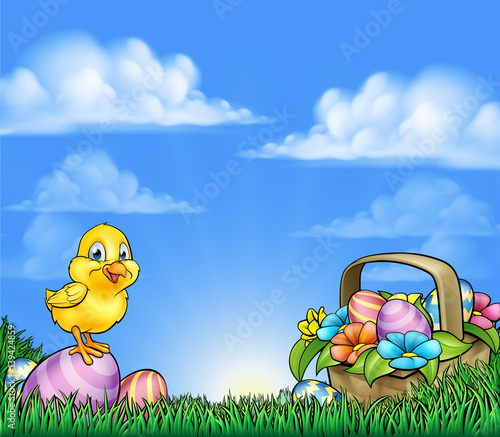 Cartoon Easter Eggs And Chick Background