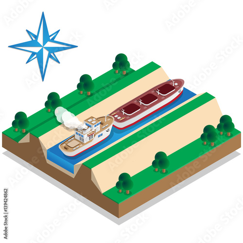 The ship is pushing the barge. Isometric. Vector illustration.