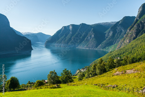 View of Aurlandsfjorden, summer at viewpoint Stegastein. Sogn og Fjordane county, Norway.