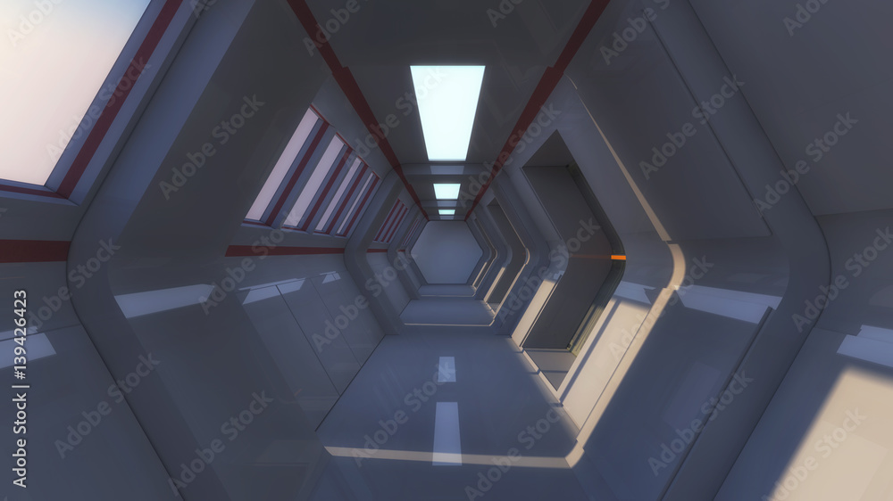 3D rendering. Futuristic empty interior corridor 3D rendering. Futuristic empty interior corridor