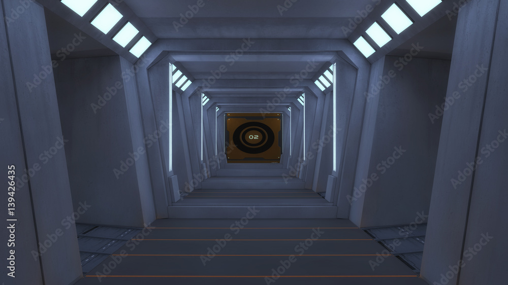 3D rendering. Futuristic empty interior corridor