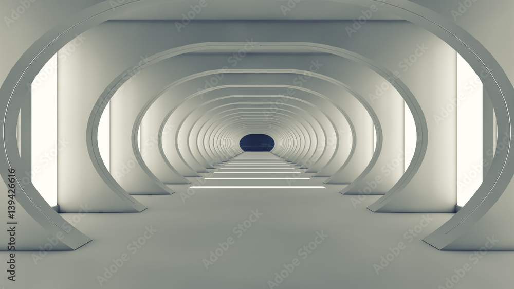 Obraz premium 3D rendering. Futuristic empty interior corridor