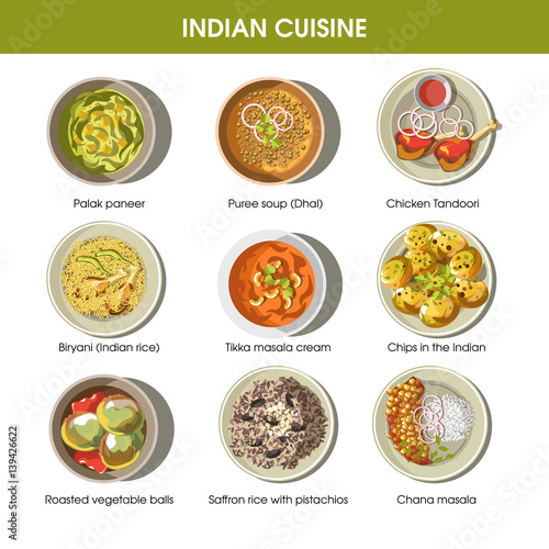 Indian cuisine traditional dishes vector flat icons set