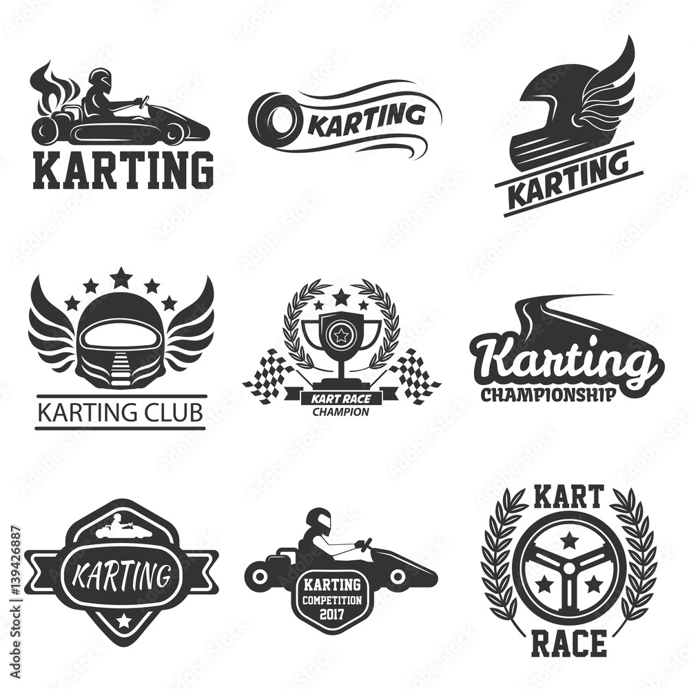 Karting club or kart races sport vector template icons set - obrazy, fototapety, plakaty 