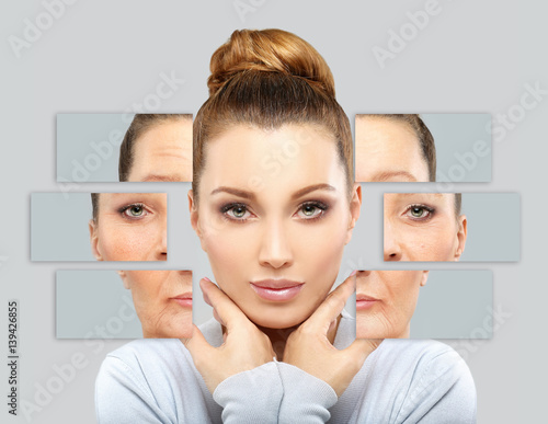 Photo Aging. Mature woman-young woman.Face with skin problem