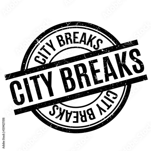 City Breaks rubber stamp. Grunge design with dust scratches. Effects can be easily removed for a clean, crisp look. Color is easily changed.