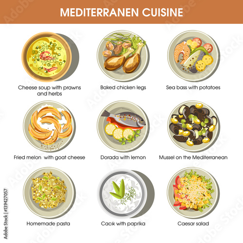 Mediterranean cuisine dishes vector icons set for restaurant menu