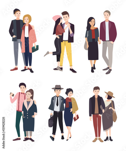 Colorful flat illustratuion set with stylish young couples. Beautiful people.