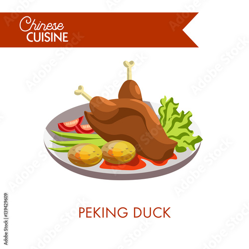 Peking duck with potatoes, tomatoes and green salad on plate