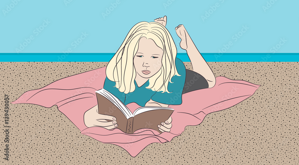 Girl reading a book laying down on a blanket on the beach vector ...
