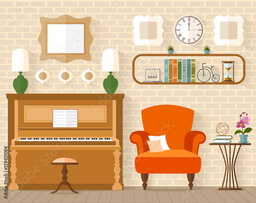 Interior with furniture and piano in flat style. Living room vector illustration. Decor music room.