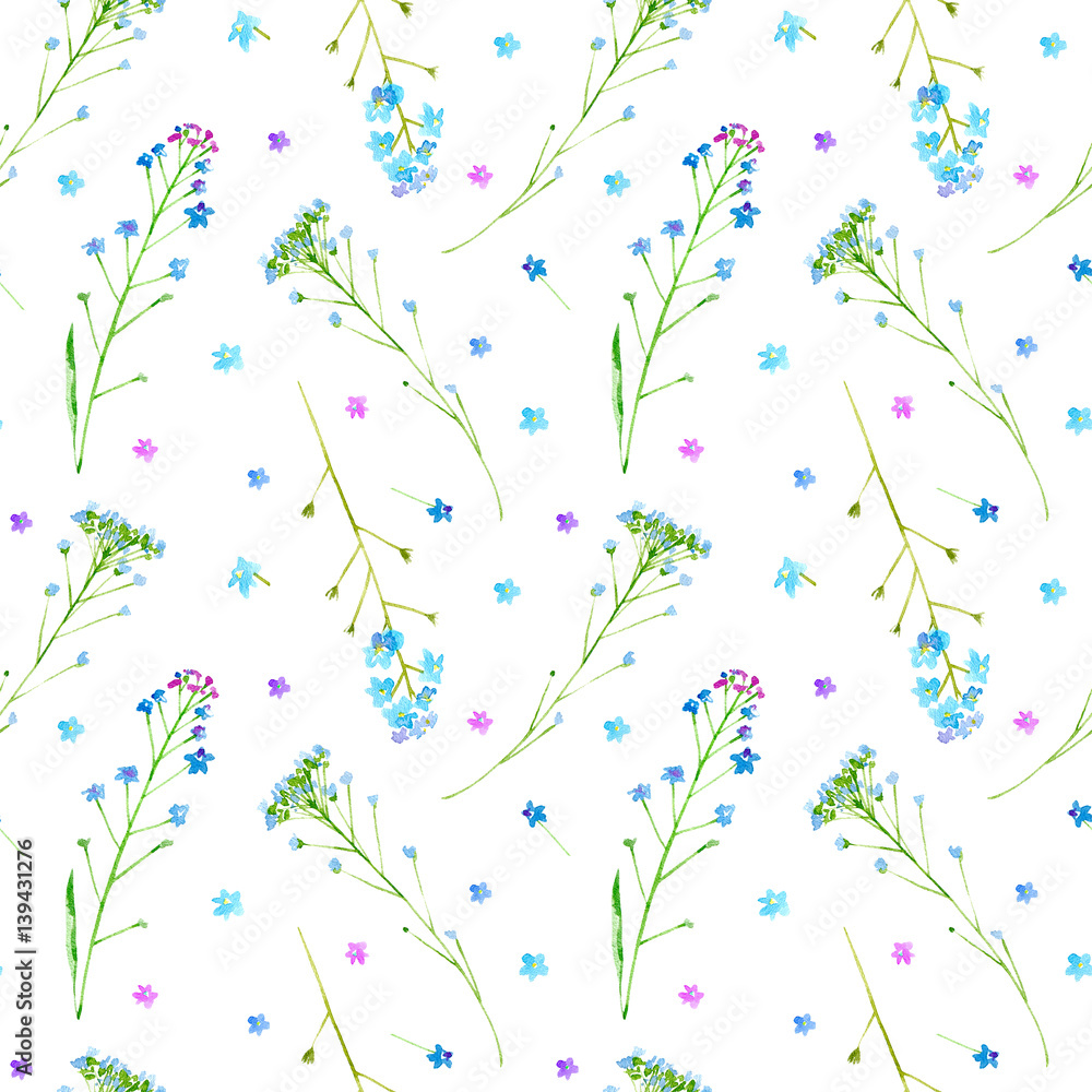 Floral seamless pattern of a forget-me-not flowers.Watercolor hand drawn illustration.White background. Floral seamless pattern of a forget-me-not flowers.Watercolor hand drawn illustration.White background.