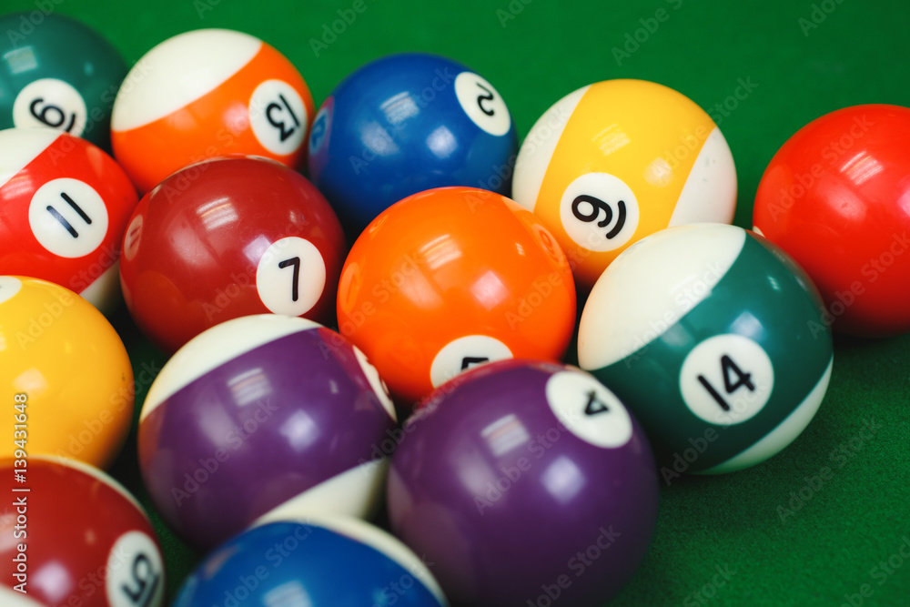 billiard balls on a green pool table, closeup billiard balls on a green pool table, closeup