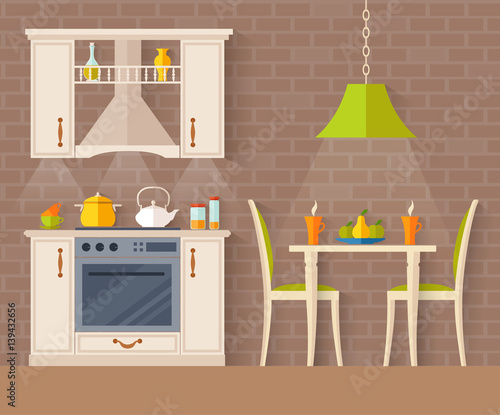 Small kitchen with dining room. Interior studio apartments. Vector illustration in flat style.