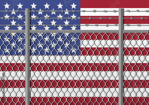 Metal fence with barbed wire on a USA flag. Separation concept, borders protection. Template for march against anti-immigration policies. Social issues on refugees or illegal immigrants.