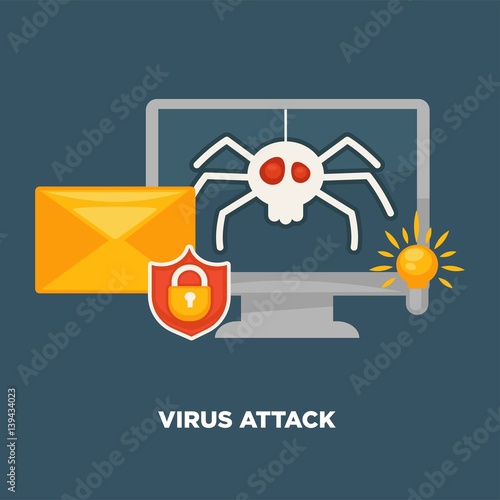 Virus attack on computer in cartoon flat style isolated