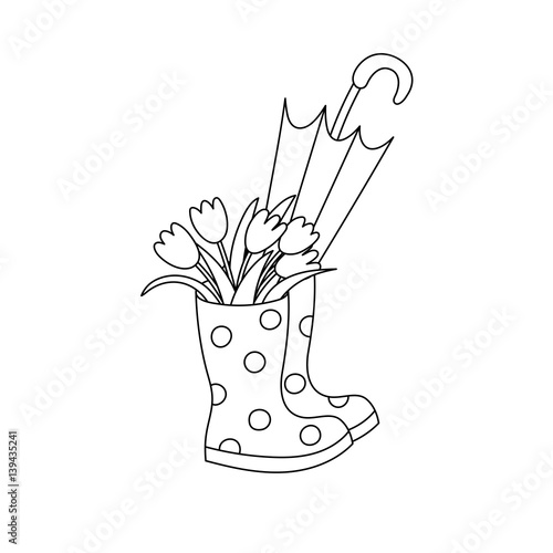 Rubber boots with a bouquet of tulips and an umbrella. Black and white vector illustration.
