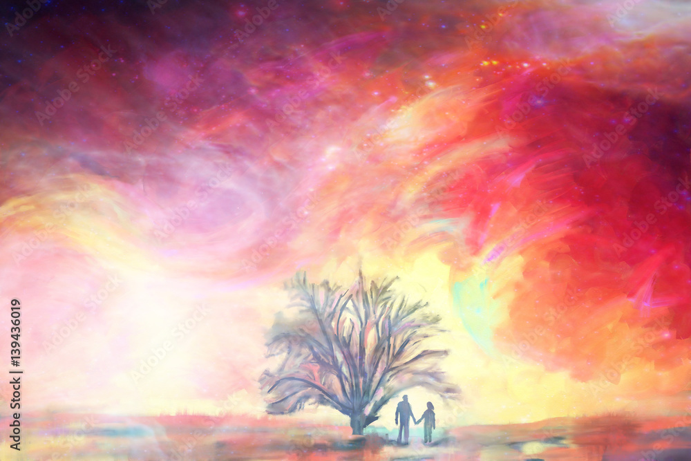 Obraz mężczyzna i kobieta pozostają pod wielkim dębem przed kolorowym niebem, ilustracja malarstwo, elementy abstrakcyjne tło miłości tego obrazu są dostarczone przez NASA