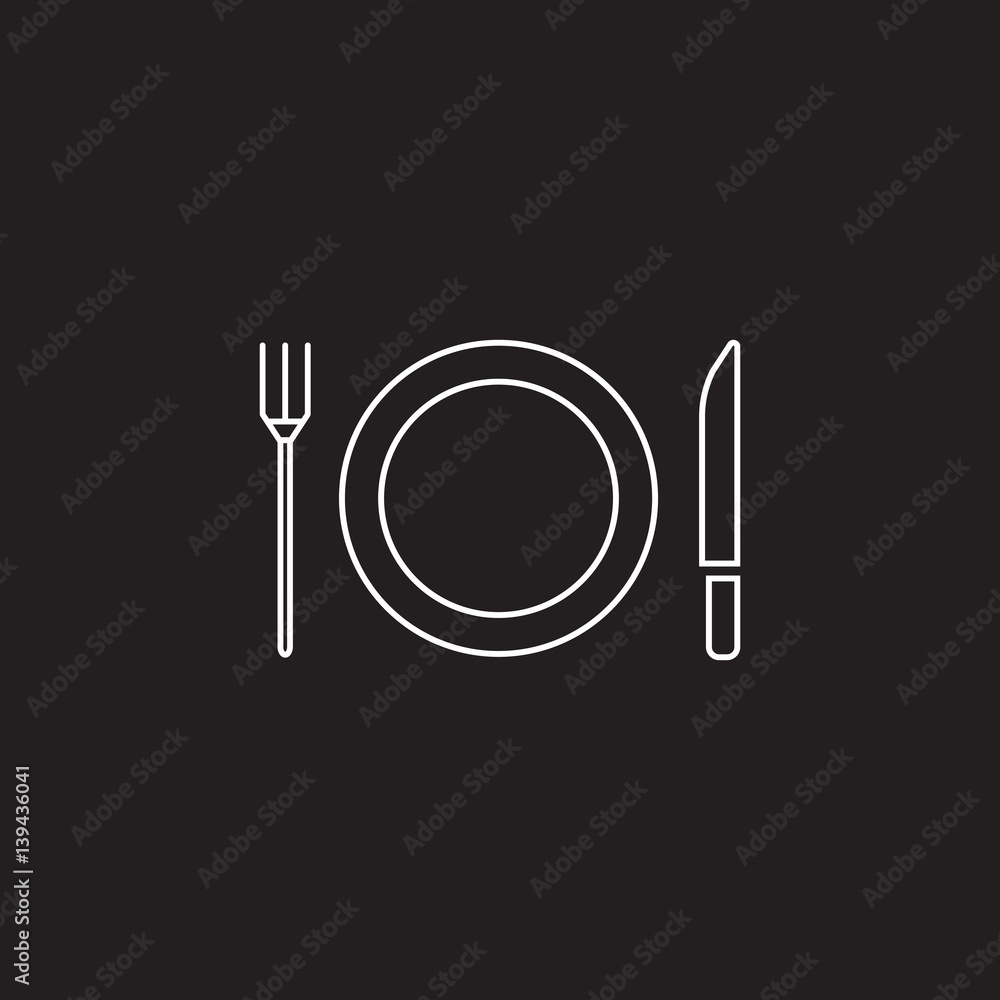 Plate Fork And Knife line icon, dishware outline vector sign, linear pictogram isolated on black. logo illustration Plate Fork And Knife line icon, dishware outline vector sign, linear pictogram isolated on black. logo illustration