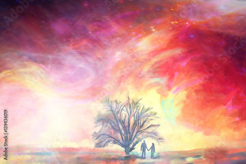 man and woman stay under the big oak tree against colorful sky illustration painting  abstract love background- elements of this image are furnished by NASA