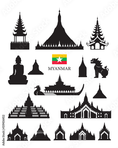 Myanmar Landmarks Architecture Building Object Set, Design Elements, Black and White, Silhouette