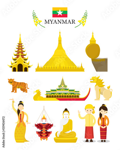 Wallpaper Mural Myanmar Landmarks and Culture Object Set, National Symbol and Architecture, Trav