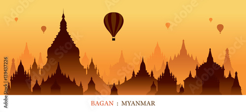 Obraz na płótnie Bagan, Myanmar, Landmarks Silhouette Sunrise Background, Cityscape, Travel and T