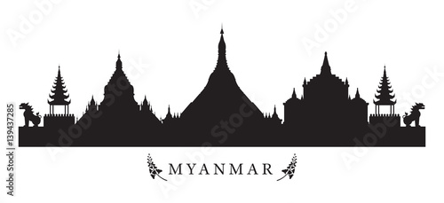 Myanmar Landmarks Skyline in Black and White Silhouette, Cityscape, Travel and Tourist Attraction