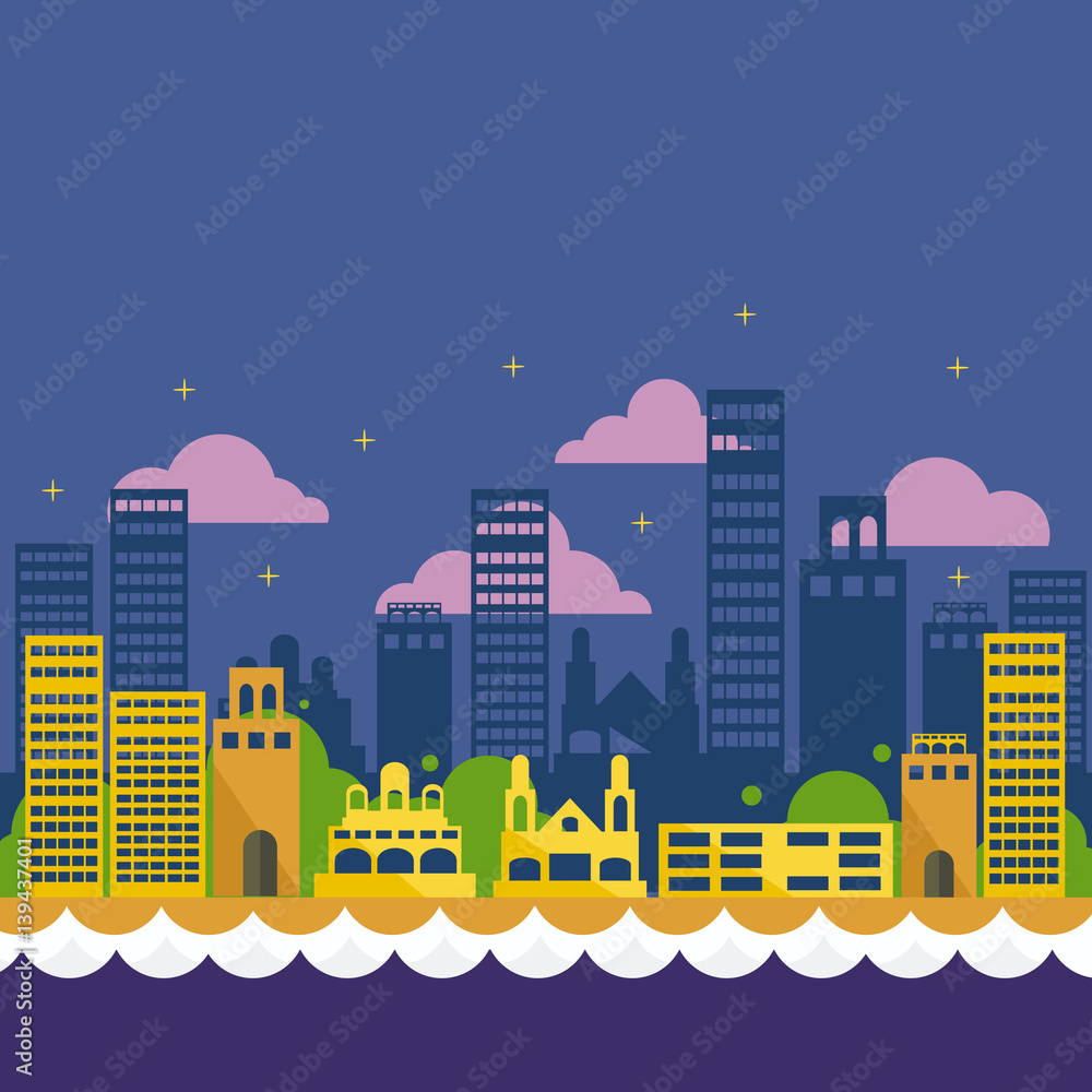 Urban downtown night scene cityscape with cloudy and starry background