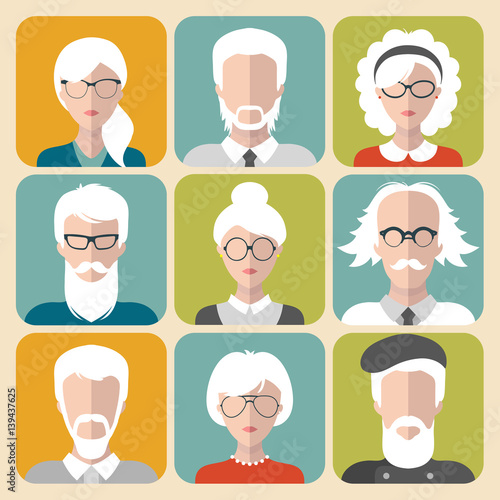 Vector set of different old man and woman with gray hair app icons in flat style.