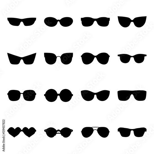 Big vector set of icons of different shapes sunglasses in trendy flat style.