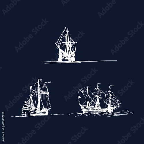 Vector set of sailing galleon ships in the ocean in ink line style. Hand sketched old warships. Marine theme design.