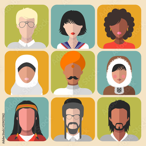 Vector set of different nationality man and woman icons in trendy flat style.