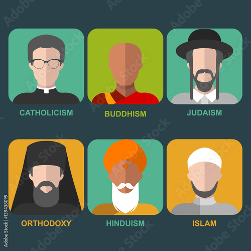Vector set of different confession man. People of different religion in traditional clothing in trendy flat style.