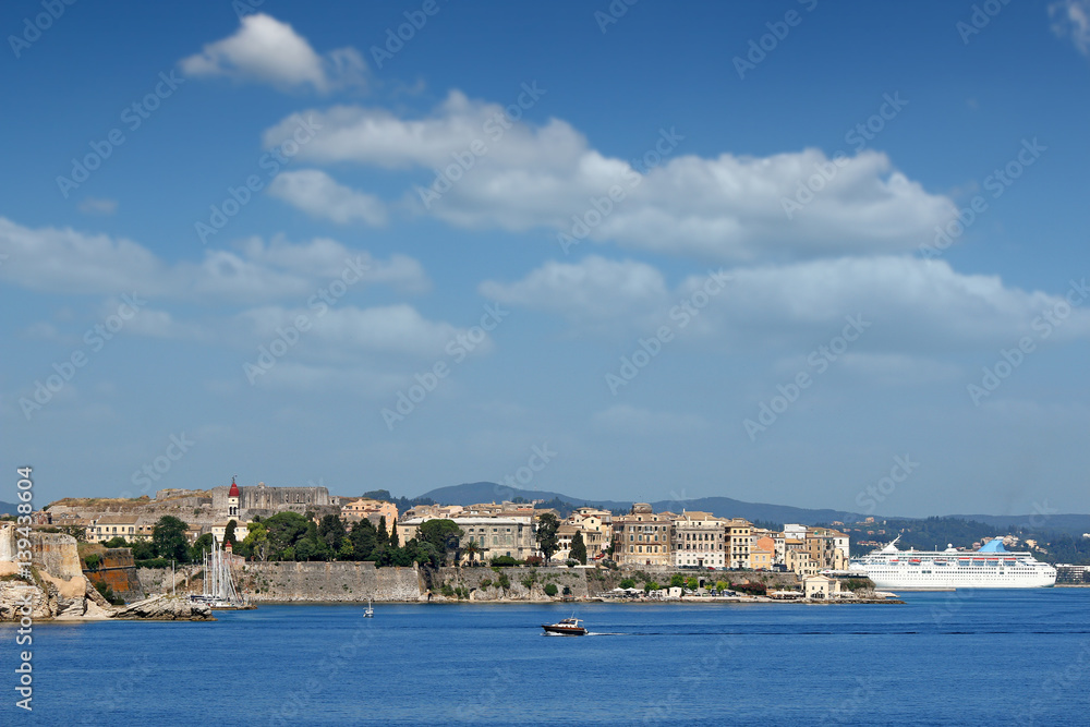 Corfu town and cruiser cityscape summer season Greece