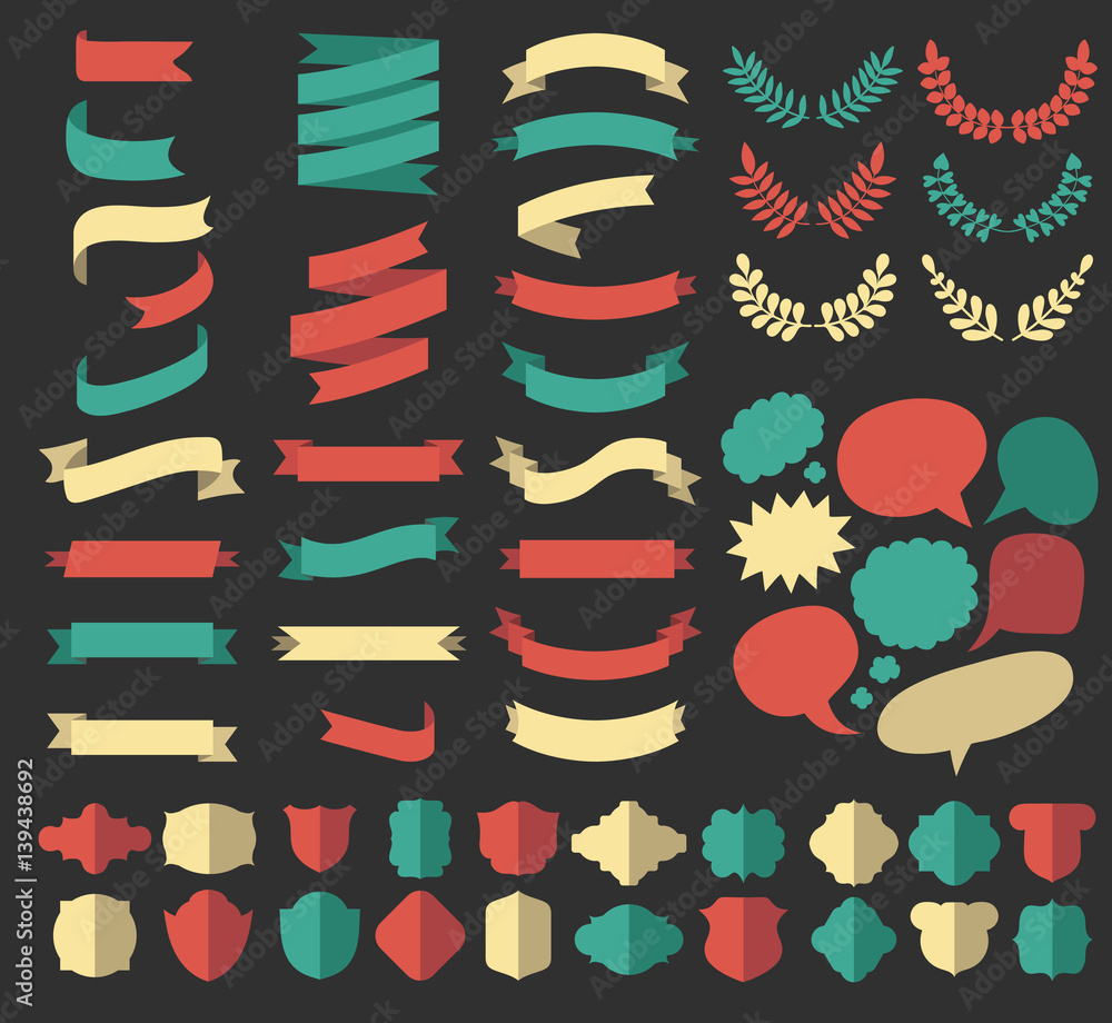 Big vector set of ribbons, laurels, wreaths and speech bubbles in flat style.
