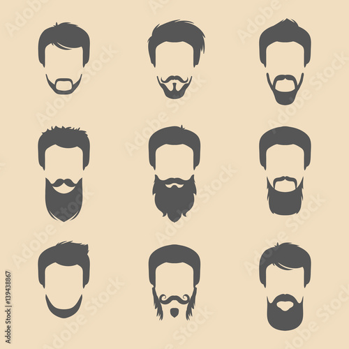 Vector set of different men hipster haircuts, beard, mustache icons in trendy flat style. Male faces icons collection.
