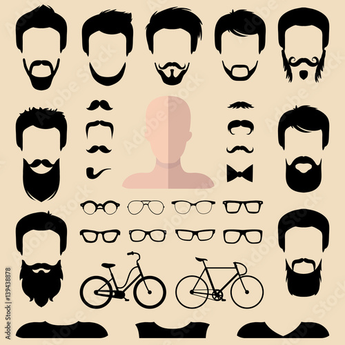 Big vector set of dress up constructor with different men hipster haircuts, glasses, beard etc. Male faces icon creator.