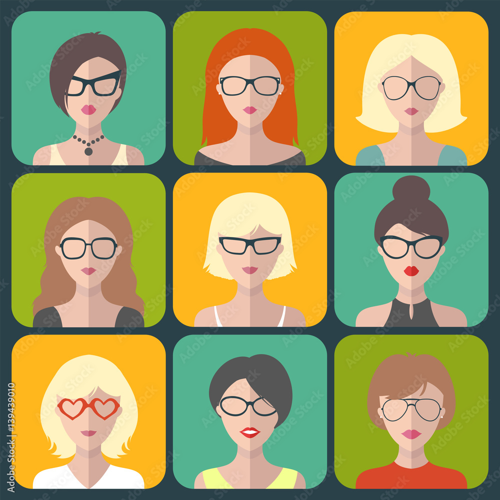 Vector set of different women app icons in glasses in flat style. Vector set of different women app icons in glasses in flat style.