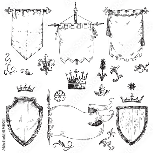 Vector hand drawn collection of heraldic templates: shield, flag